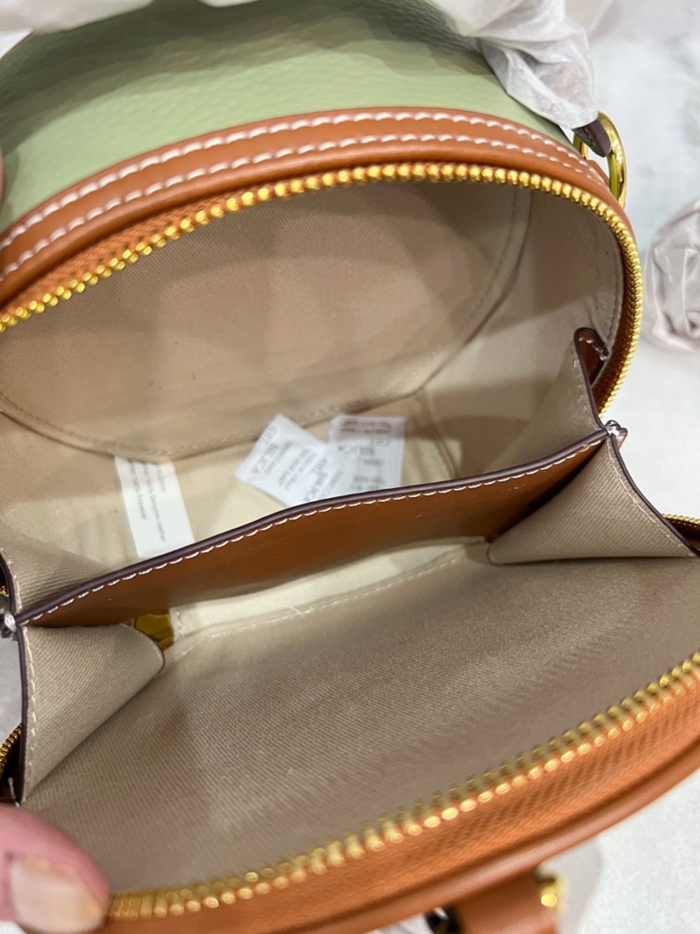 Genuine Pebbled Leather Olive and Tan Round Zippered Crossbody Bag - Picture 7 of 12